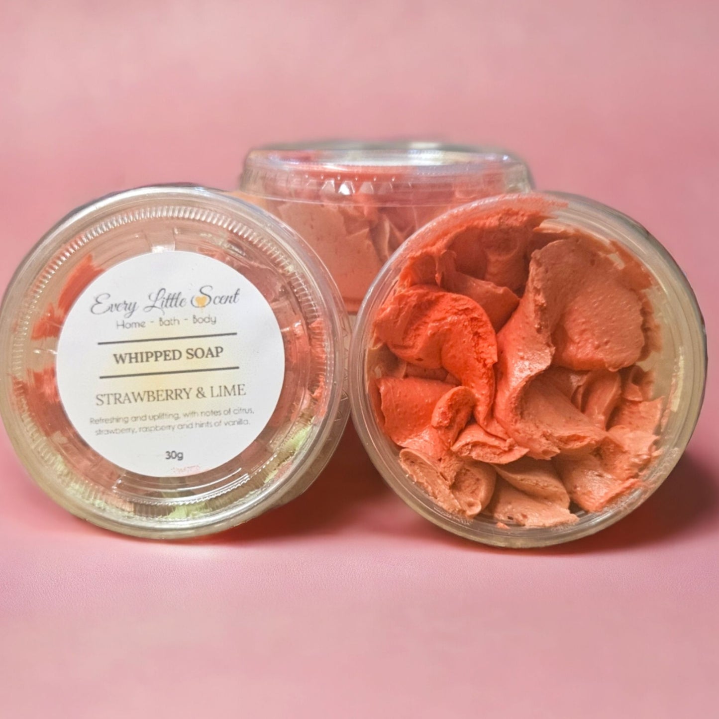 30g of Strawberry and Lime whipped soap coloured in green is an ideal size to pop in your bag for when you are out and about