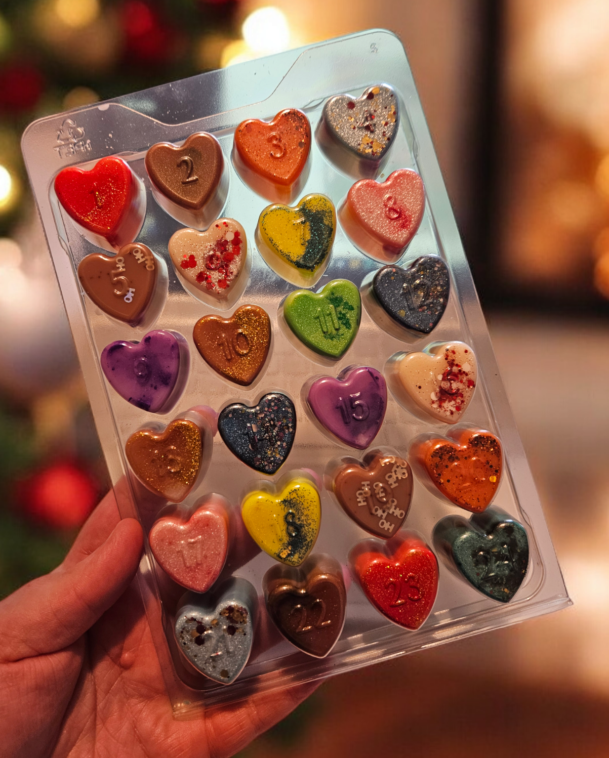 wax melt advent calendar has 24 hearts in various colours