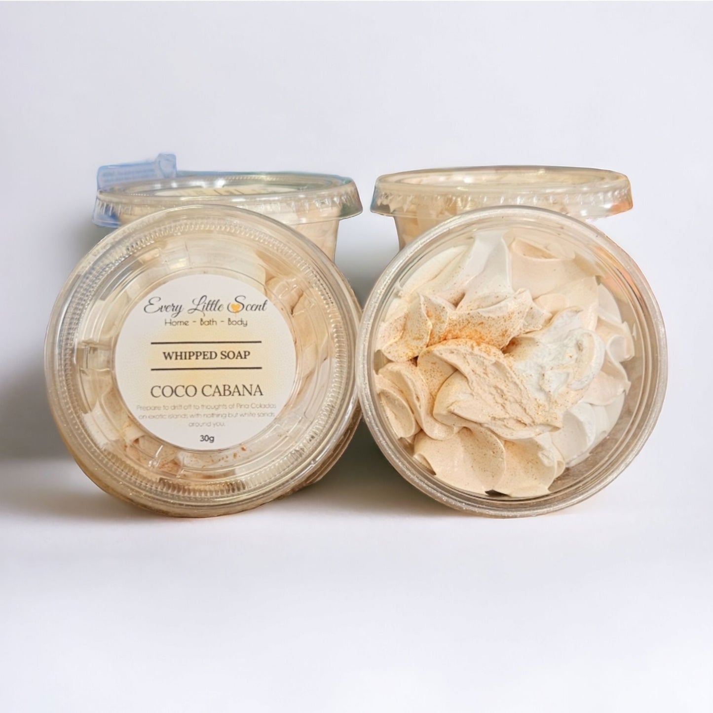 Cocoa Cabana foaming whipped soapis in a beige colour and available in 150g and 30g pots
