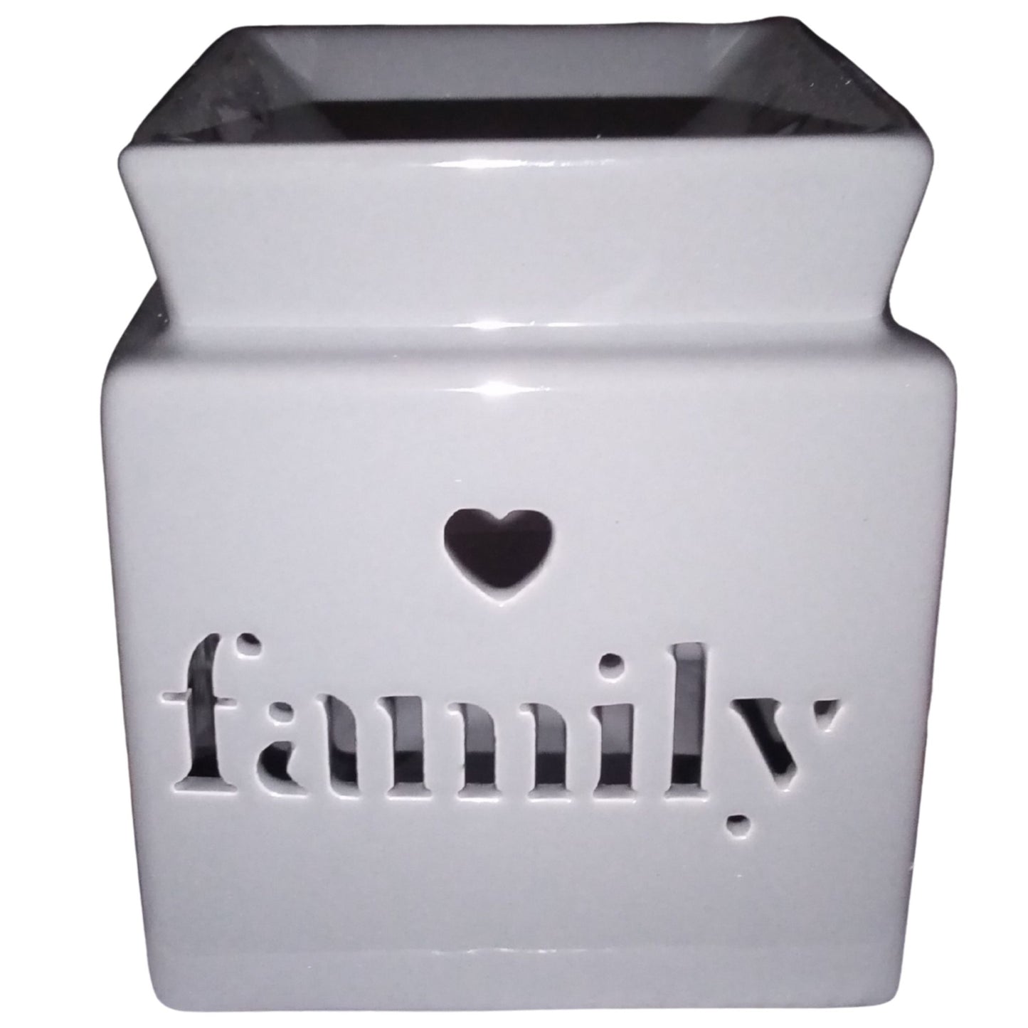 Square grey wax or oil warmer with the word family cut out design