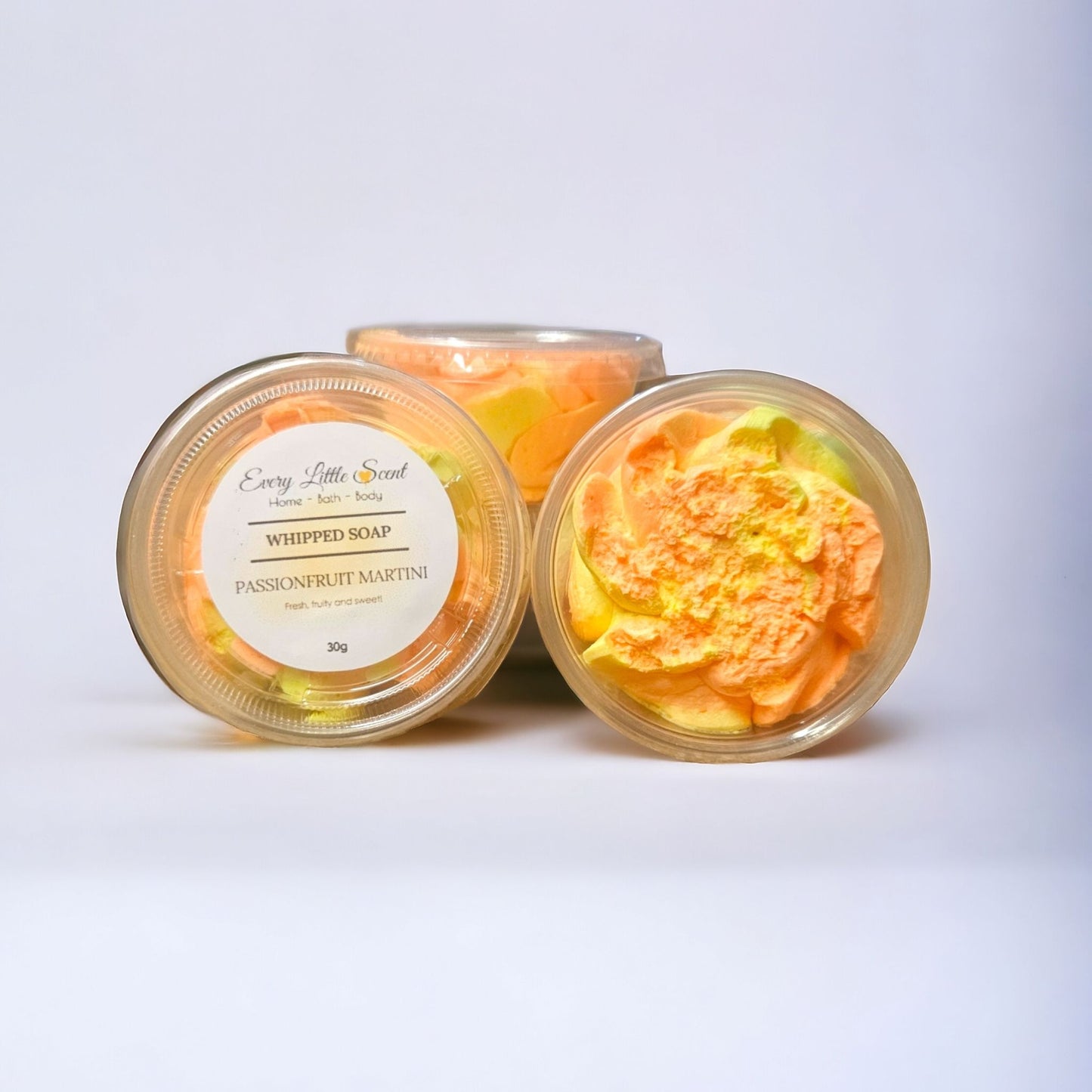 This 30g pot of highly scented passion fruit martini whipped soap