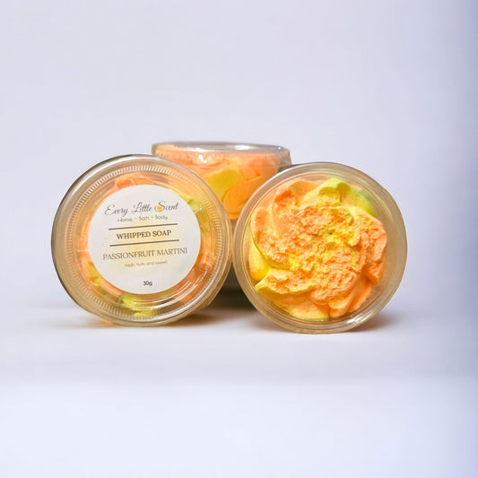 This 30g pot of highly scented passion fruit martini whipped soap