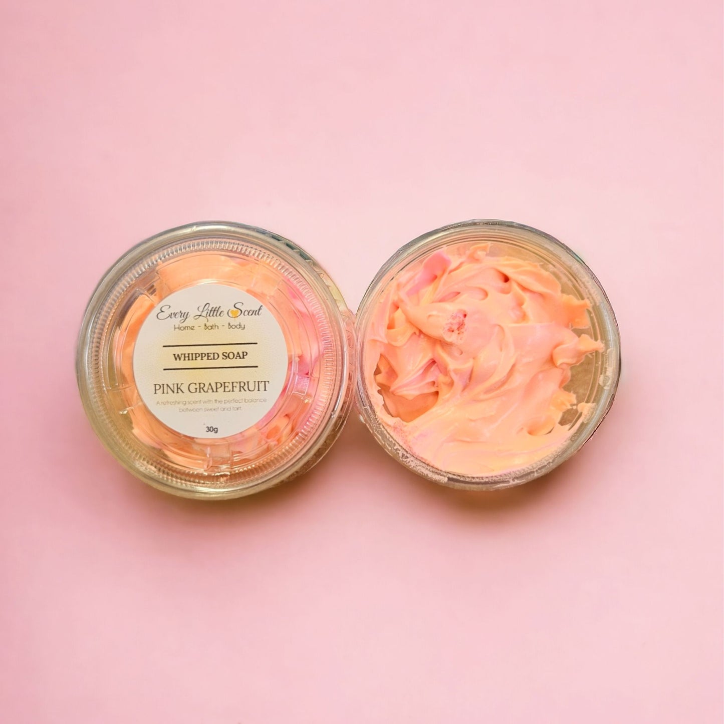 Every Little Scent brings you a pink creation of luxury foaming whipped soap 30g of our own handmade Pink Grapefruit