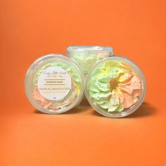 30g pot of Tropical Mango and Lime scented whipped soap a handmade creation of colour in green, orange and yellow colours, indulge your senses in your bathing routine