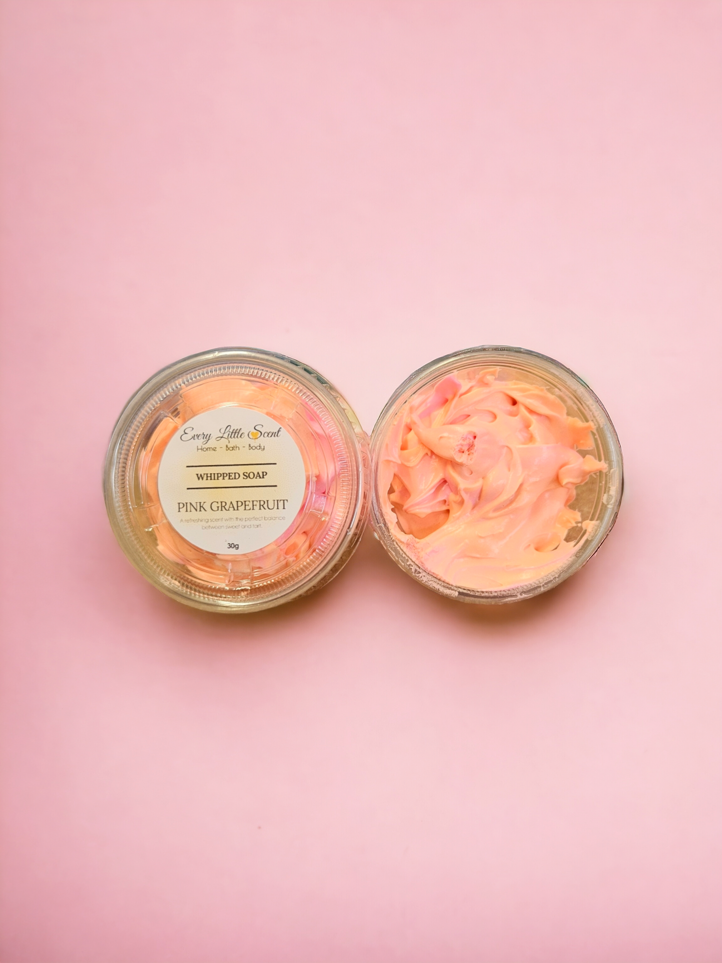 30g pot of our pink grapefruit whipped soap 