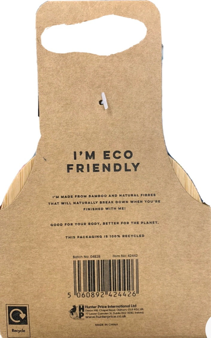 Back of a cardboard product packaging with text and recycling symbol.
