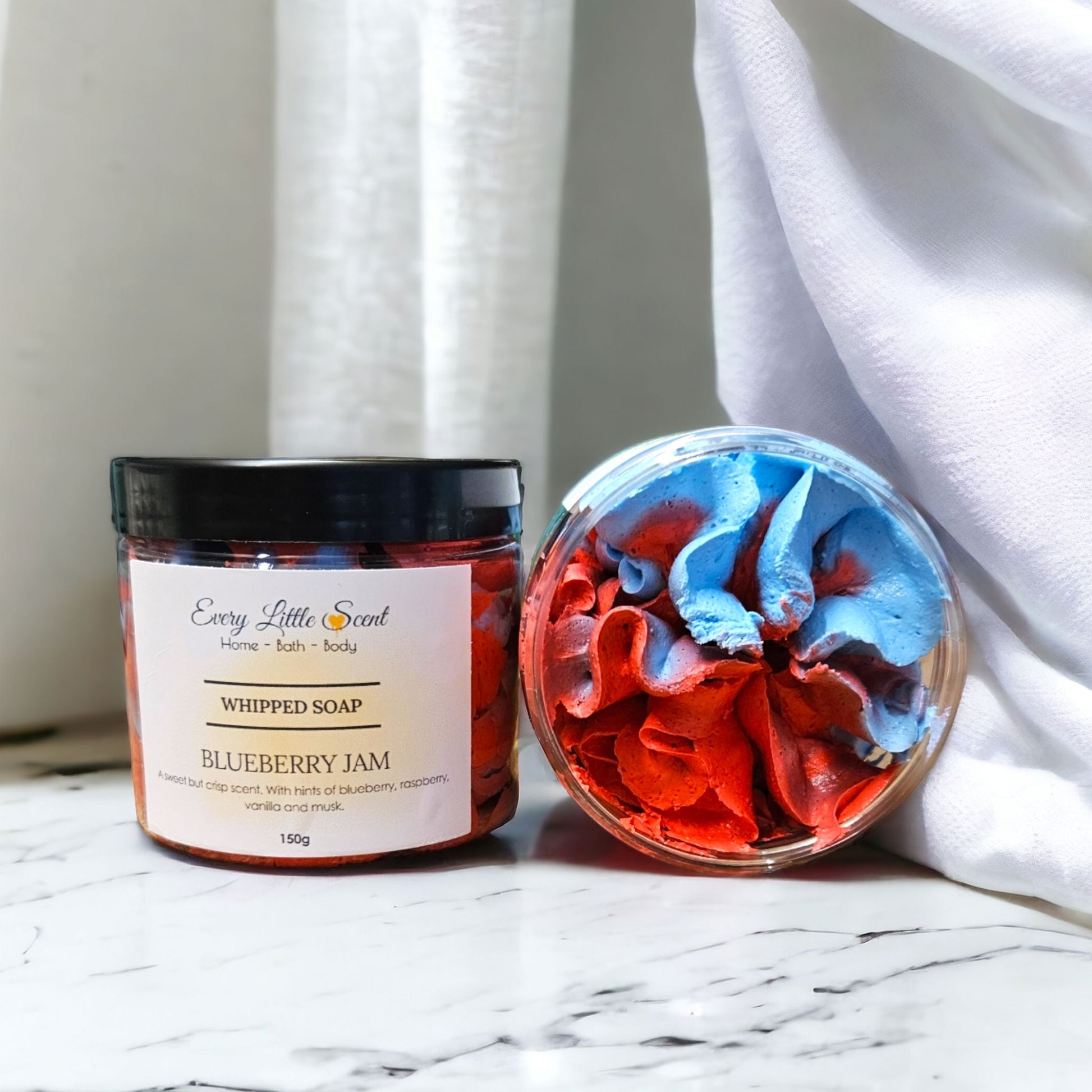 Blue and Red coloured highly scented luxurious foaming whipped soap fragareced in Blueberry Jam, handmade by Every Little Scent 