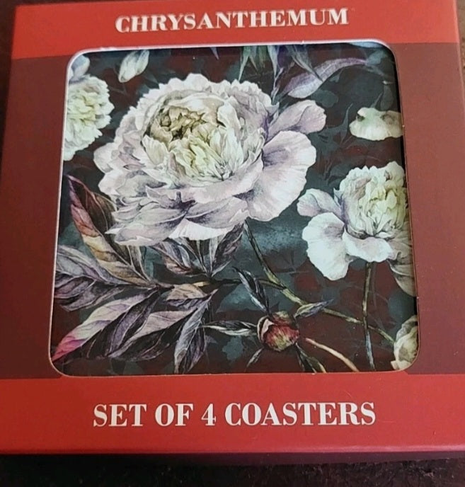 Set of 4 coasters with chrysanthemum design in a decorative box.