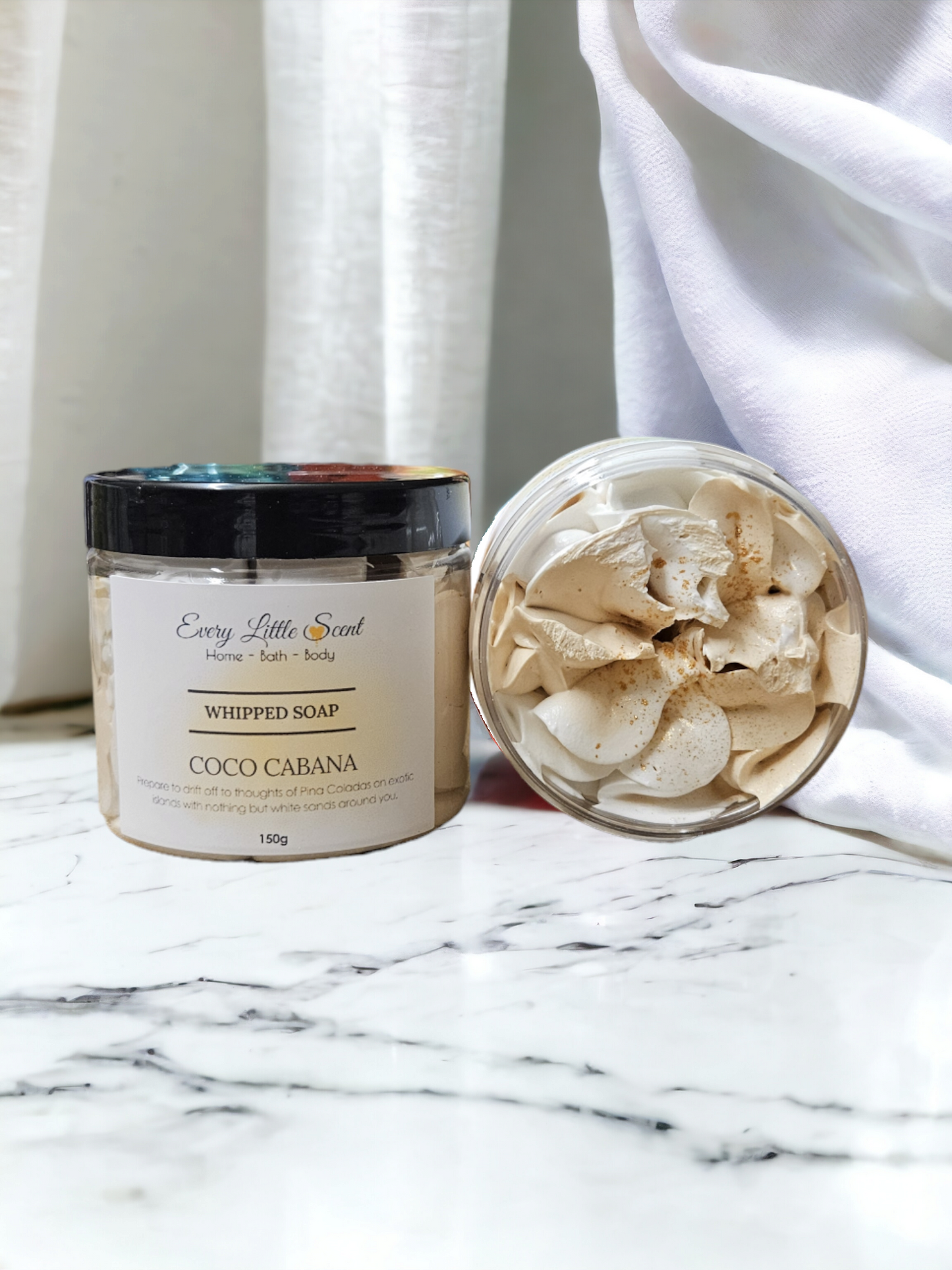 150g of our Coco Cabana whipped soap is indulgent and  luxurious at a great price