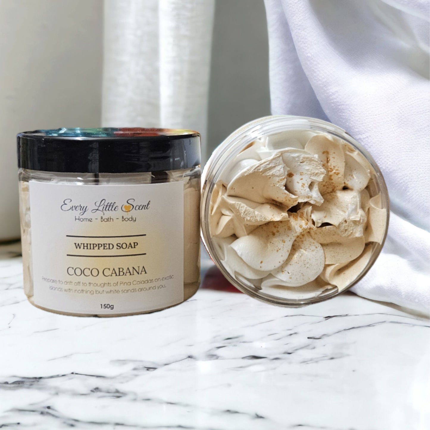 150g Tub of Every Little Scents Foaming Whipped Soap in Cocoa Cabana Fragrance and the colour is a beige and white tone