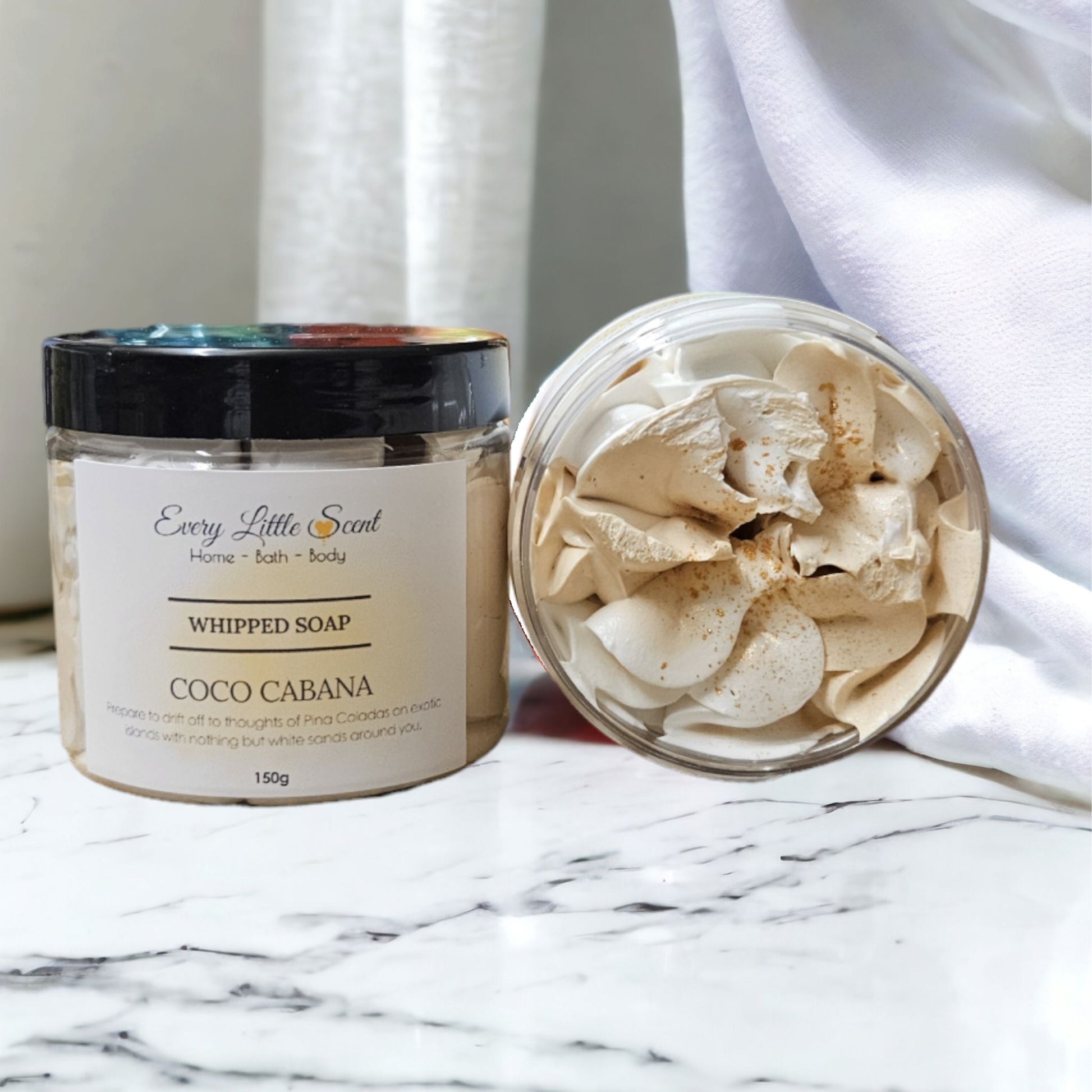 150g Tub of Every Little Scents Foaming Whipped Soap in Cocoa Cabana Fragrance and the colour is a beige and white tone