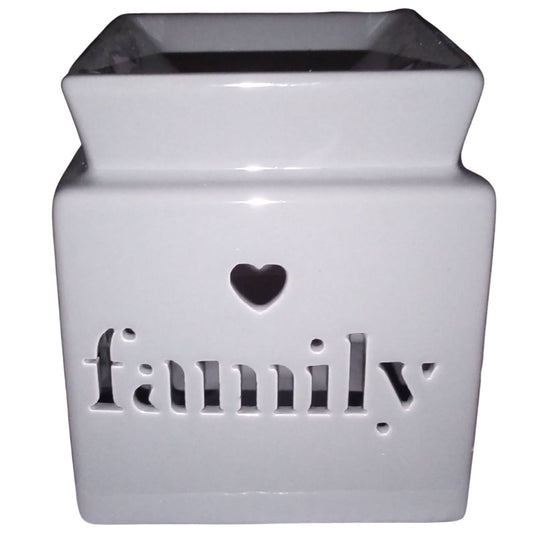 Square grey wax or oil warmer with the word family cut out design