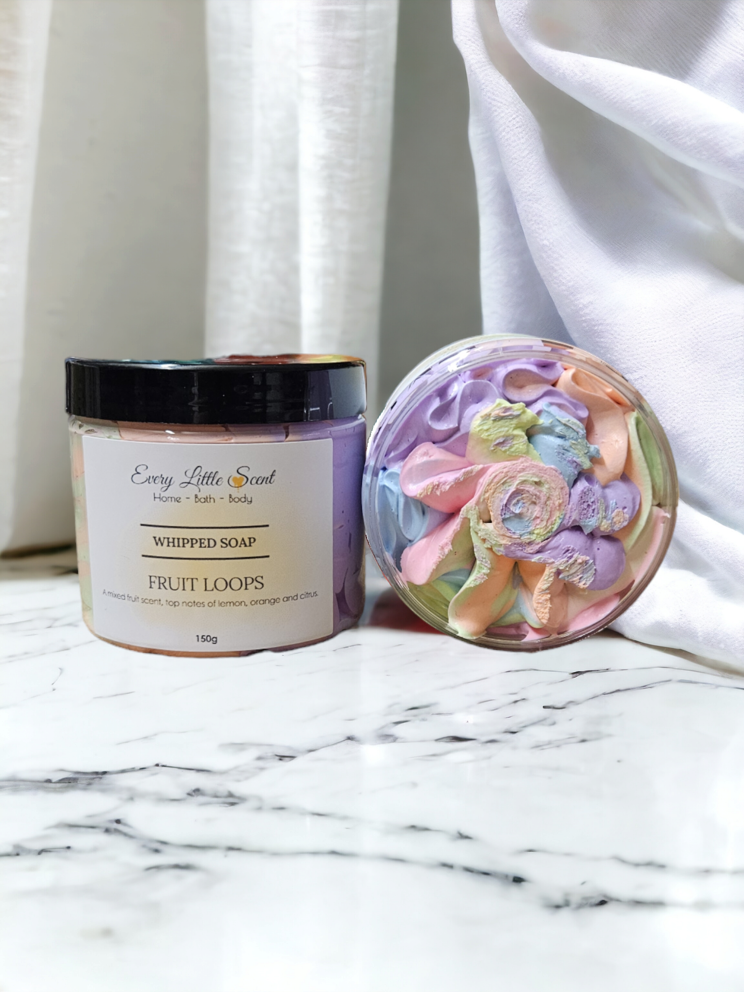 Our fruit Loops whipped soap is amazing for so many uses, showering, bathing, shaving plus so much more this 150g pot will last a while as a little goes a long way