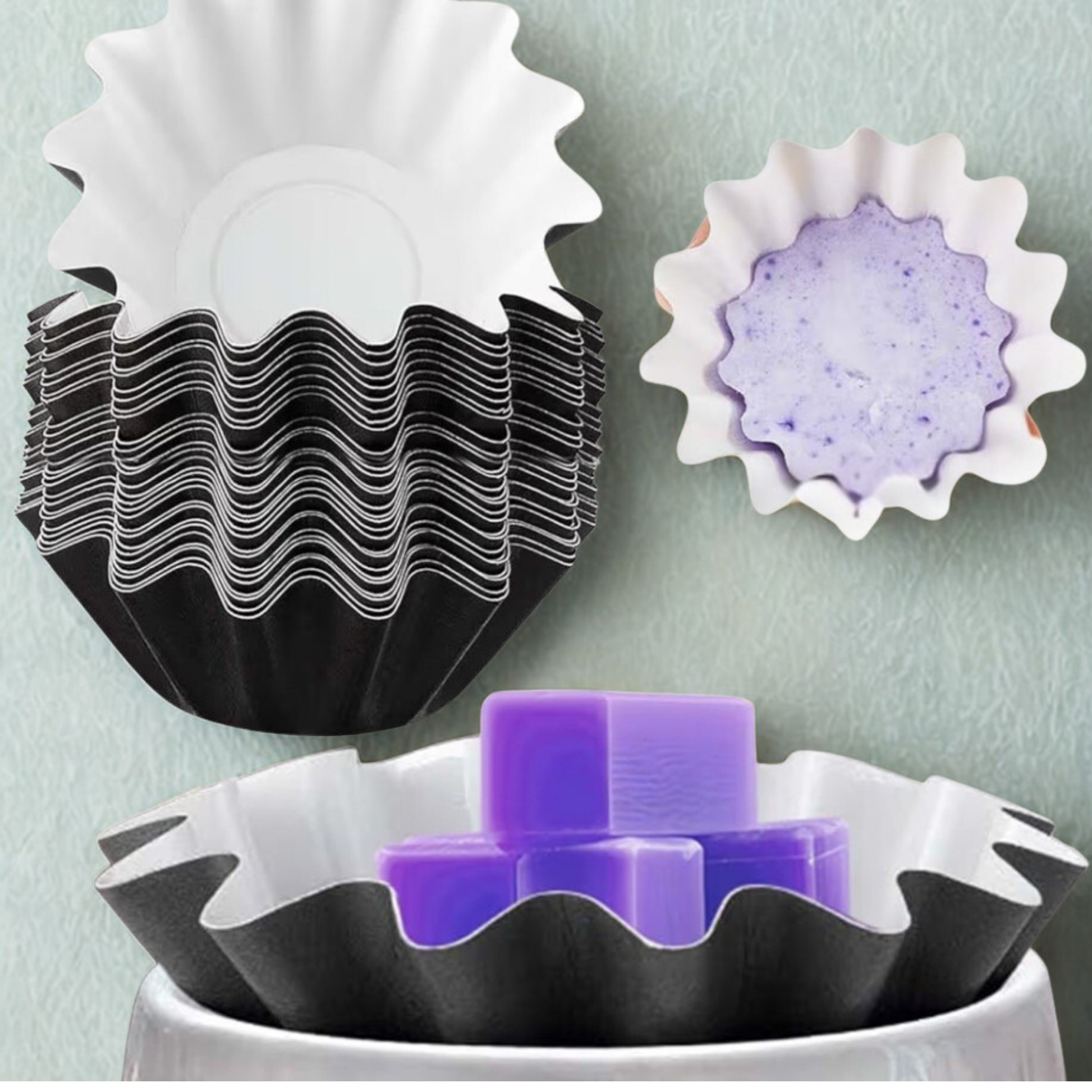 Black wax melt liner, showing wax in liner and showing black liner in wax melter